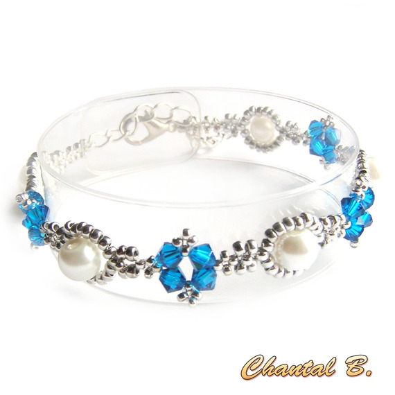 bracelete de cristal swarovski pérola azul e missangas tecidas em prata