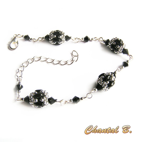 bracelete cristal swarovski contas de vidro preto brilhante e prata tecidas