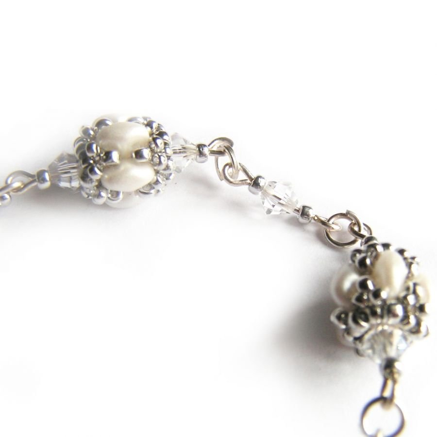 bracelete de cristal swarovski com pérolas brancas e pérolas de vidro tecidas em prata