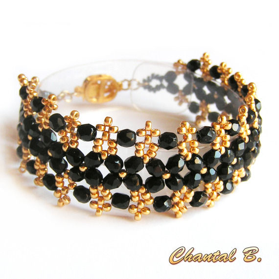 bracelete pulseira pulseira de missangas tecidas boémia preto e dourado noite de núpcias