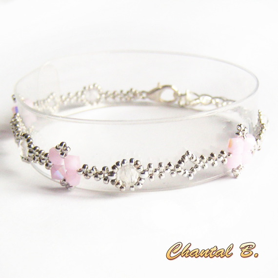 bracelete swarovski missangas swarovski cristal AB boheme rosa e casamento romântico em prata