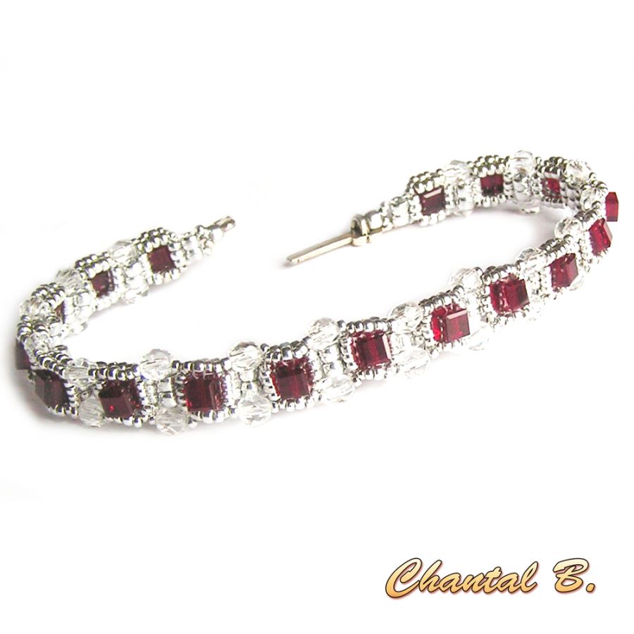 Pulseira do dia de São Valentim swarovski siam cubo precioso de missangas tecidas swarovski e prata
