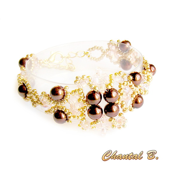pulseira tecida com pérolas de chocolate salmão com pérolas de chocolate e pérolas de ouro transparente noite de casamento