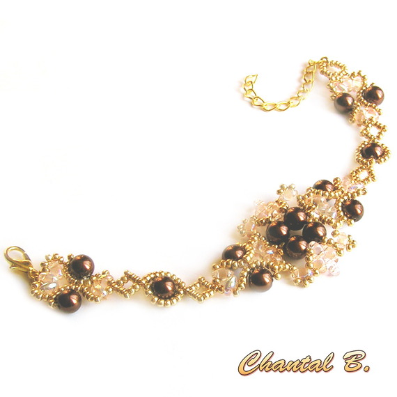 pulseira tecida com pérolas de chocolate salmão com pérolas de chocolate e pérolas de ouro transparente noite de casamento