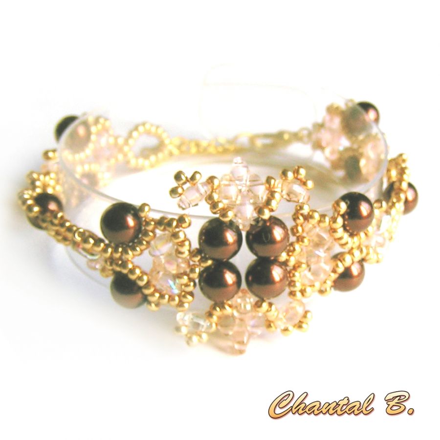 pulseira tecida com pérolas de chocolate salmão com pérolas de chocolate e pérolas de ouro transparente noite de casamento