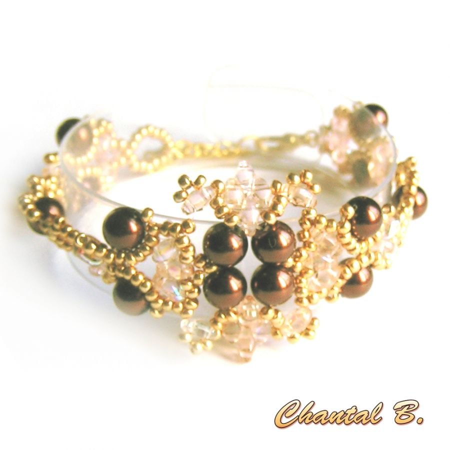 pulseira tecida com pérolas de chocolate salmão com pérolas de chocolate e pérolas de ouro transparente noite de casamento