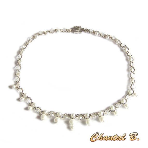colar de pérolas tecidas pérolas de cristal swarovski branco e noite de núpcias de prata