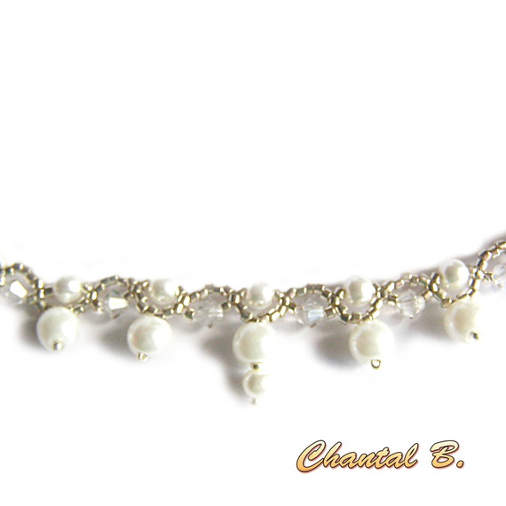 colar de pérolas tecidas pérolas de cristal swarovski branco e noite de núpcias de prata