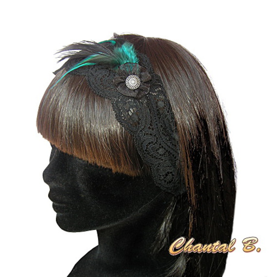 Renda para cabelo turquesa e penas azul turquesa e preto