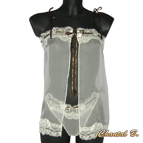 Conjunto de roupa de noite de casamento de Dia dos Namorados Tara marfim seda negligee e fio dental missangas de flores de seda