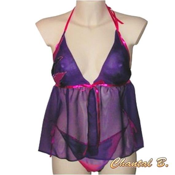 Conjunto de lingerie do dia dos namorados Bali de seda roxa e tanga pintada à mão