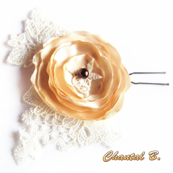 cetim de flor de cabelo de casamento em pérola de chocolate de marfim de renda