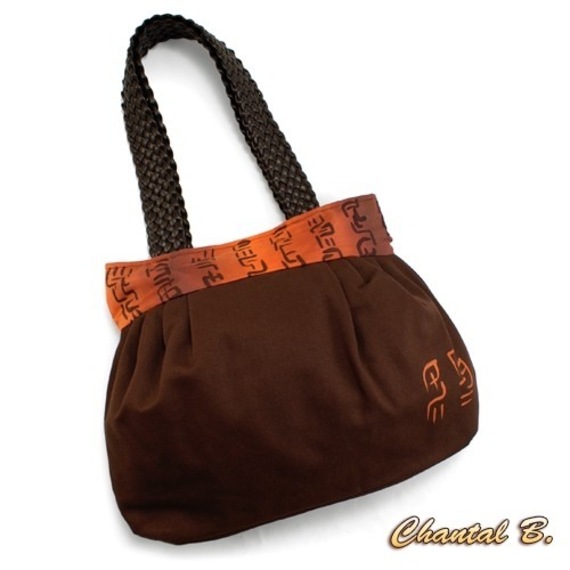 bolsa em lona de algodão algodão chocolate e cabos trançados Suki cor-de-laranja pintados de seda
