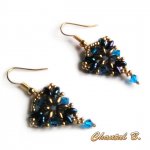 brincos contas triangulares Swarovski cristal azul e bronze dourado