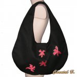 bolsa vermelha para transportar no ombro Tahiti tecido preto de algodão e flores de seda vermelha