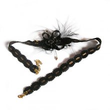 bandeau cheveux dentelle noire et or fleur polym&egrave;re et satin strass dor&eacute;s