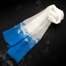 Branco e turquesa roubada Chiffon de seda pintado