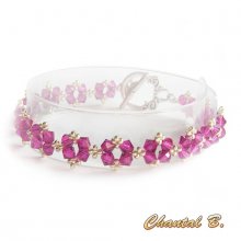 bracelete swarovski fucsia romântica swarovski missangas entrelaçadas cristal rosa e prata