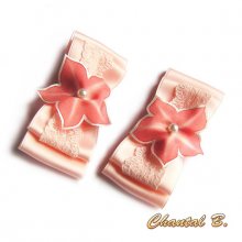 presilhas para sapatos de casamento laço de renda de cetim e flor de seda rosa salmão