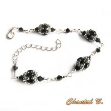 bracelete cristal swarovski contas de vidro preto brilhante e prata tecidas