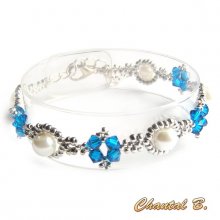 bracelete de cristal swarovski pérola azul e missangas tecidas em prata