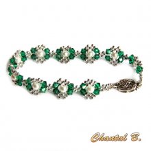 bracelete swarovski verde esmeralda com pérolas tecidas em cristal e prata