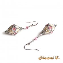 Brincos de casamento swarovski rosa e cinza com pérolas de arroz e prateados