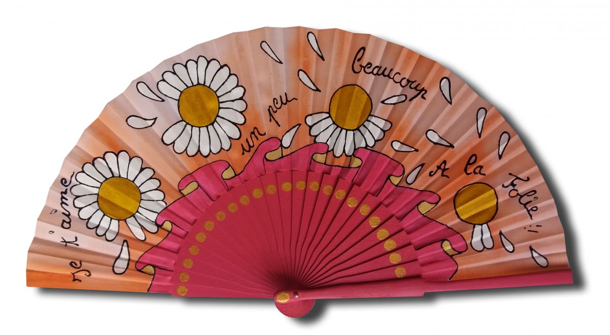Fã de cetim desenhado e pintado à mão "Je t'aime à la folie" (amo-te loucamente)