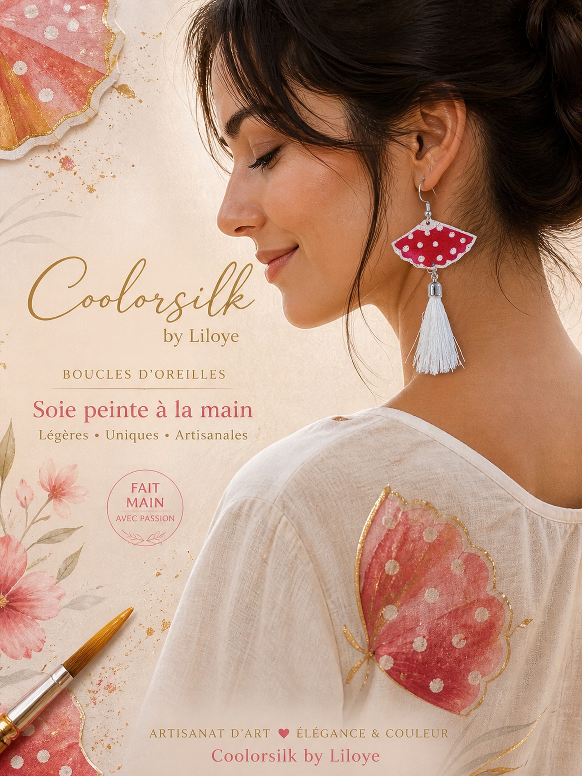 Boucles d oreilles en soie recto verso avec pompon.