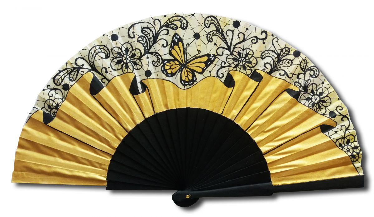 Ventilador de cetim desenhado à mão e pintado à mão "Soirée d'or