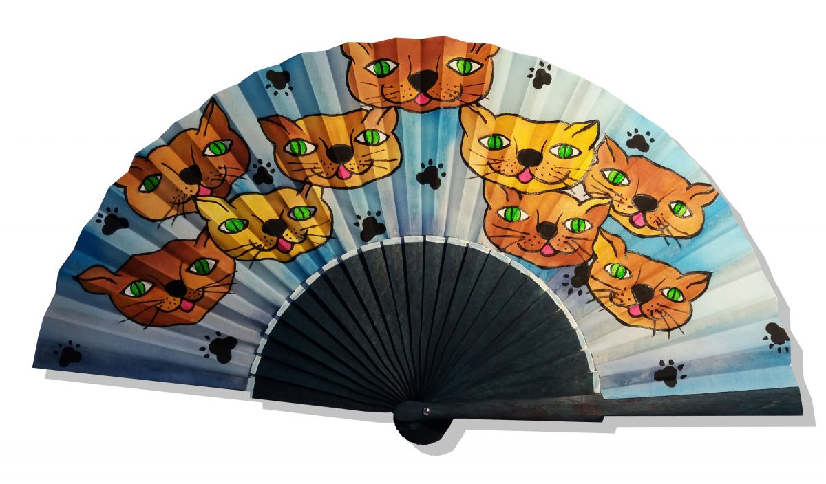 Ventilador de cetim desenhado e pintado à mão "Cateyes