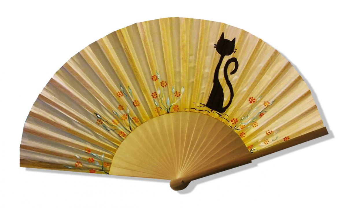 Ventilador de cetim pintado e desenhado à mão "Chat sun