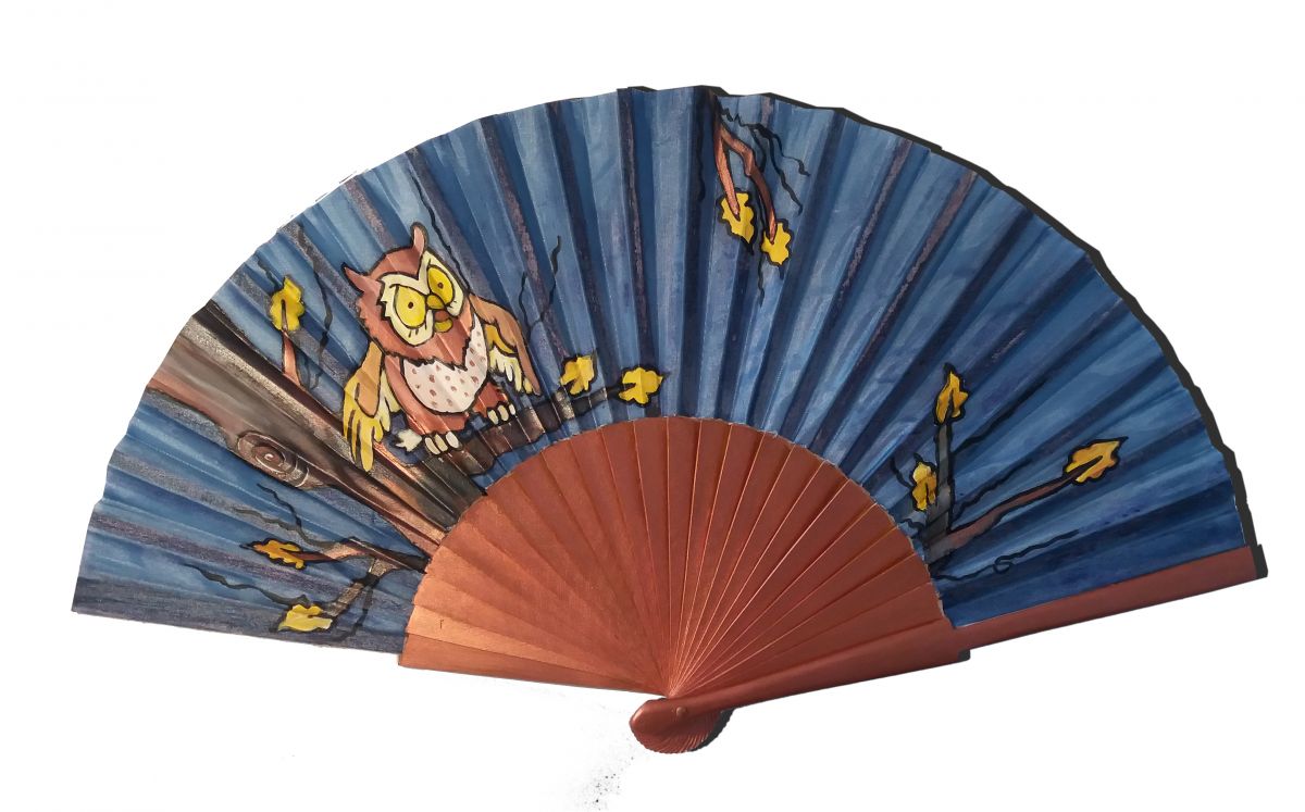 Ventilador de cetim pintado e desenhado à mão "C chouette