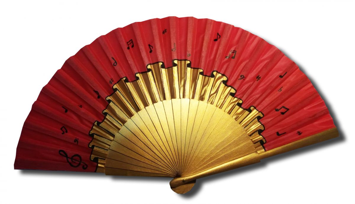 Ventilador de cetim desenhado e pintado à mão "DO RE MI LA DO RE