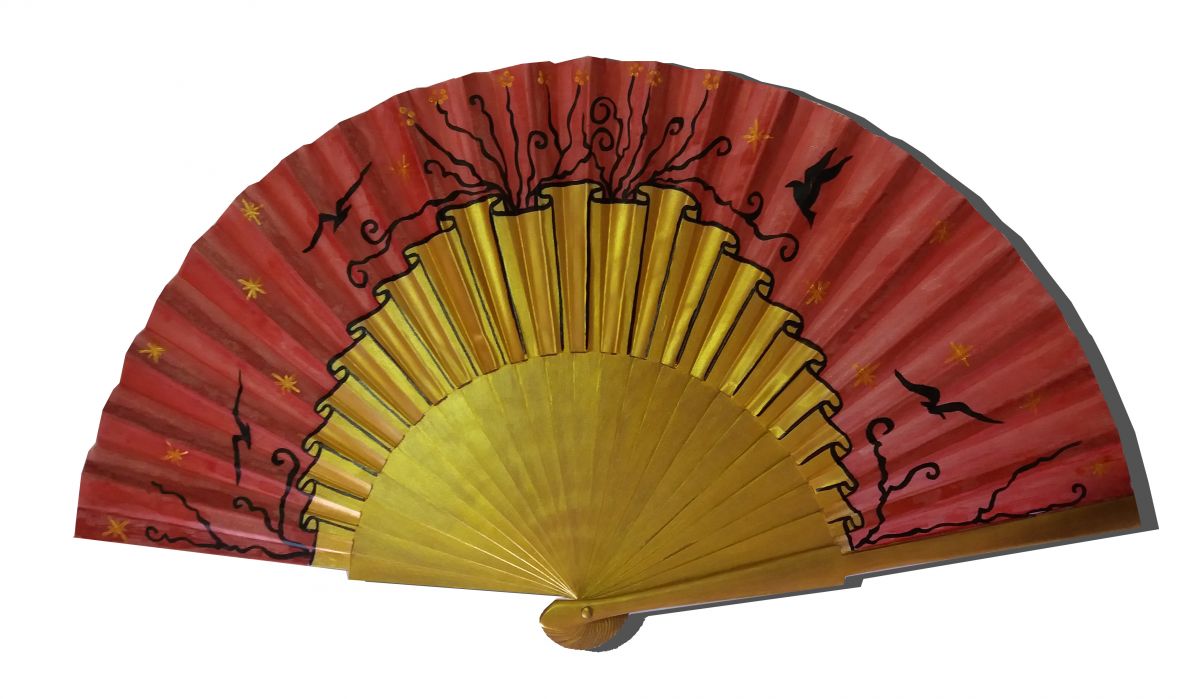 Ventilador de cetim desenhado à mão e pintado à mão "Envolée d'or