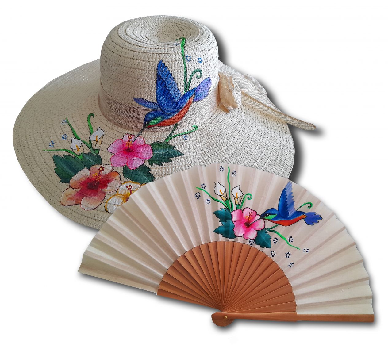 Ventilador de algodão pintado à mão e desenhado à mão "beija-flor do sol