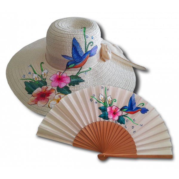 Ventilador de algod&atilde;o pintado &agrave; m&atilde;o e desenhado &agrave; m&atilde;o "beija-flor do sol