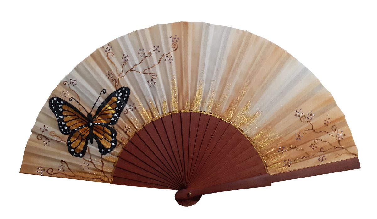 Ventilador de cetim de algodão pintado e desenhado à mão "Monarcor