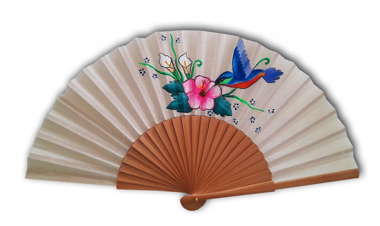 Ventilador de algodão pintado à mão e desenhado à mão "beija-flor do sol