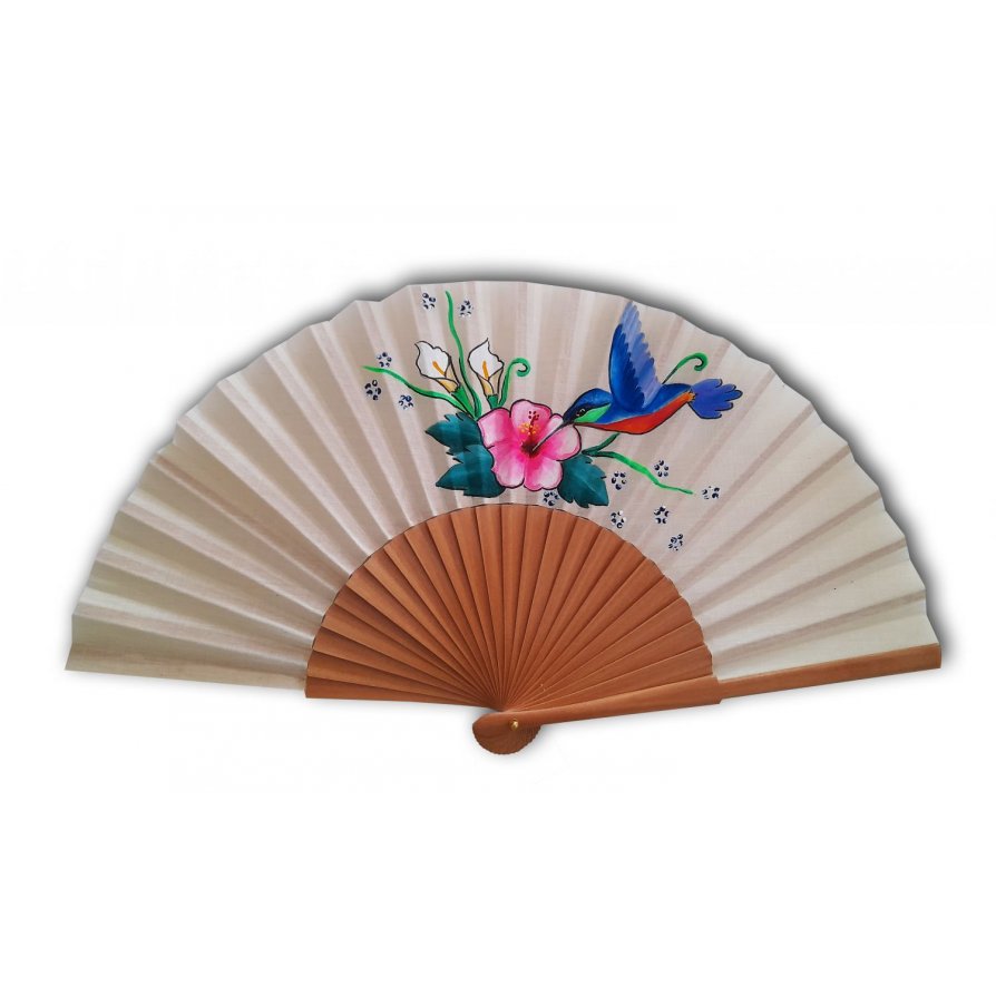Ventilador de algodão pintado à mão e desenhado à mão "beija-flor do sol