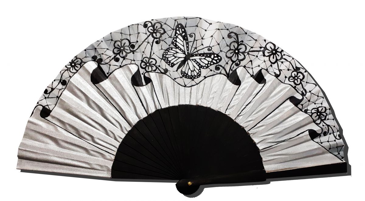 Ventilador de cetim desenhado à mão e pintado à mão "Silver Silk