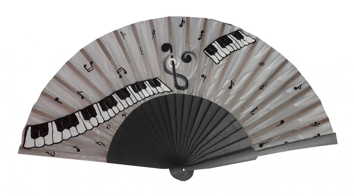 Ventilador de cetim desenhado e pintado à mão "Piano Pianissimo