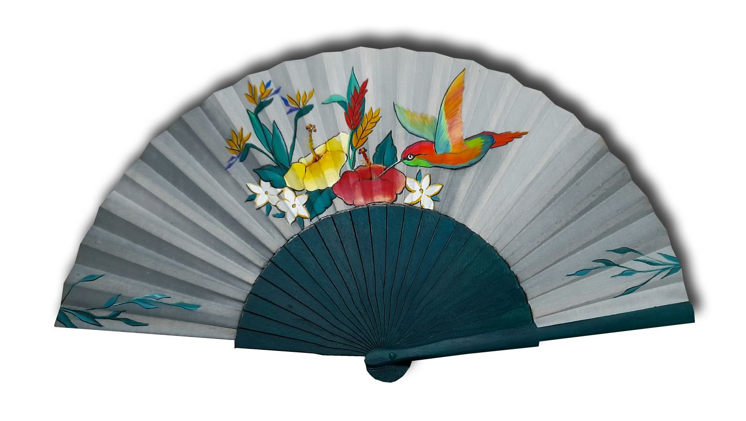 Ventilador de cetim pintado e desenhado à mão "Beija-flor verde