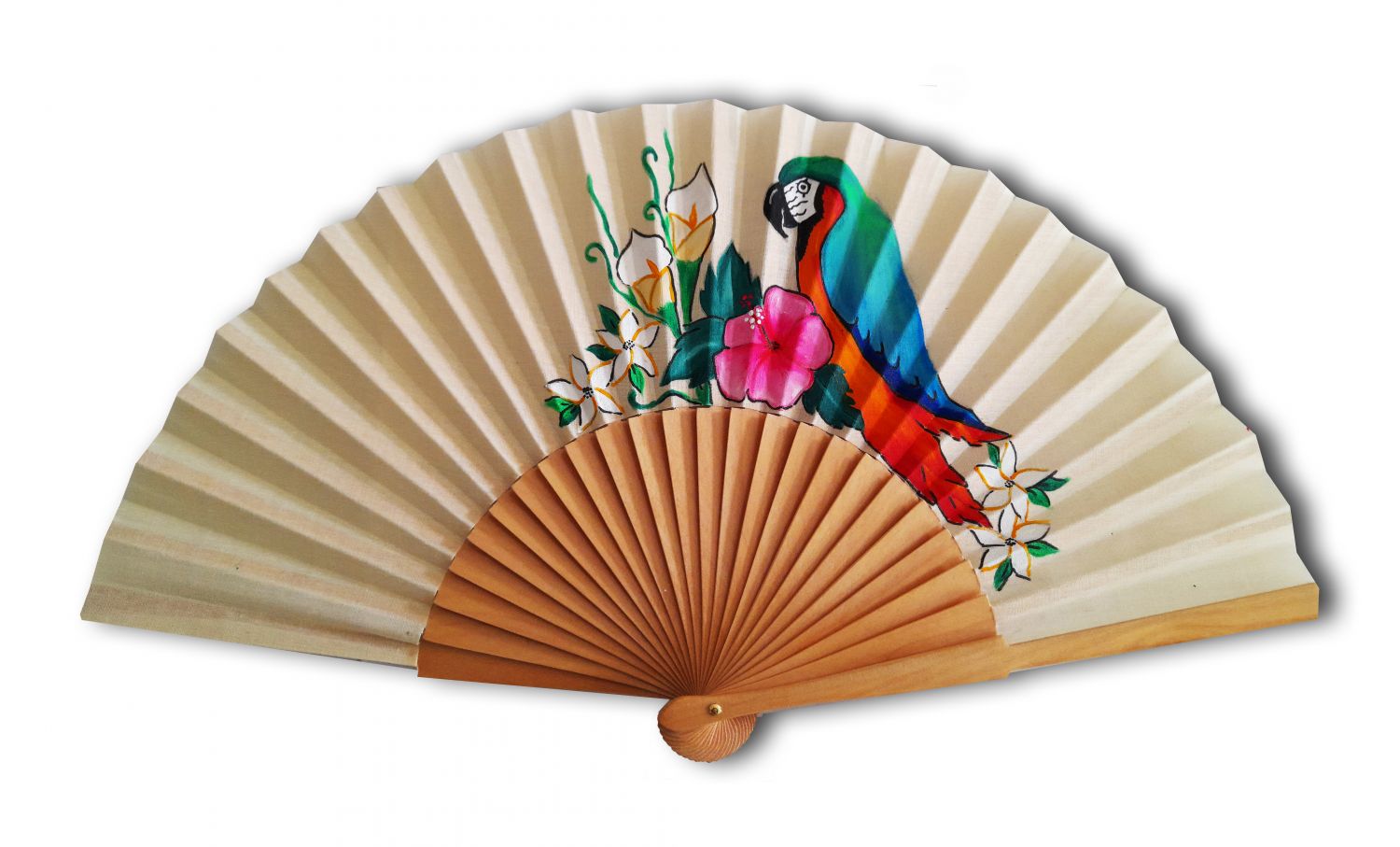 Ventilador "Loro papagayo" desenhado à mão e pintado em algodão
