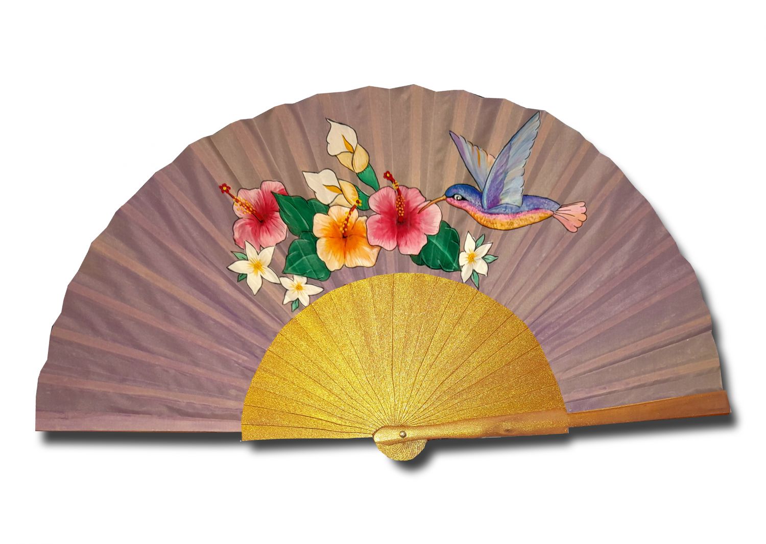 Ventilador de cetim desenhado à mão e pintado à mão "meu adorável beija-flor".