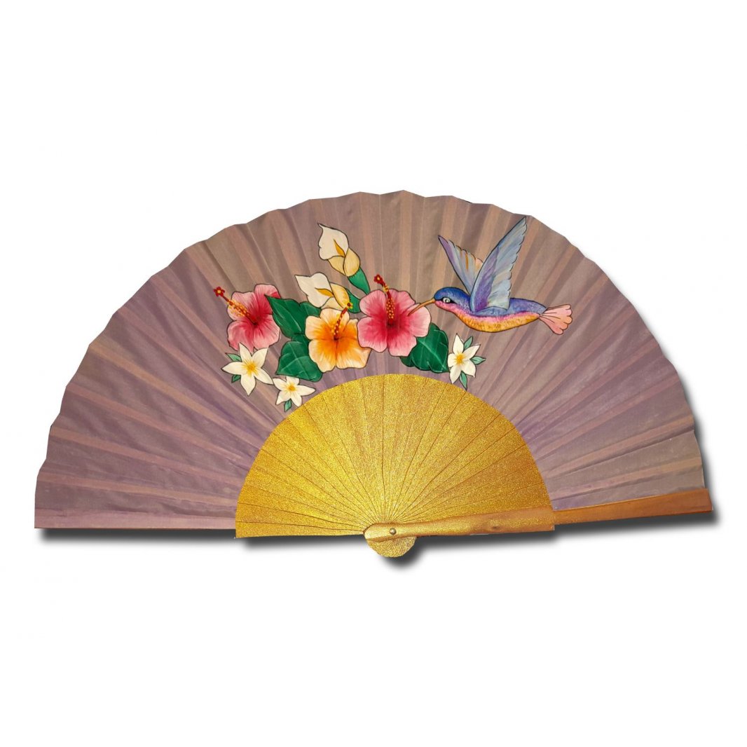 Ventilador de cetim desenhado à mão e pintado à mão "meu adorável beija-flor".