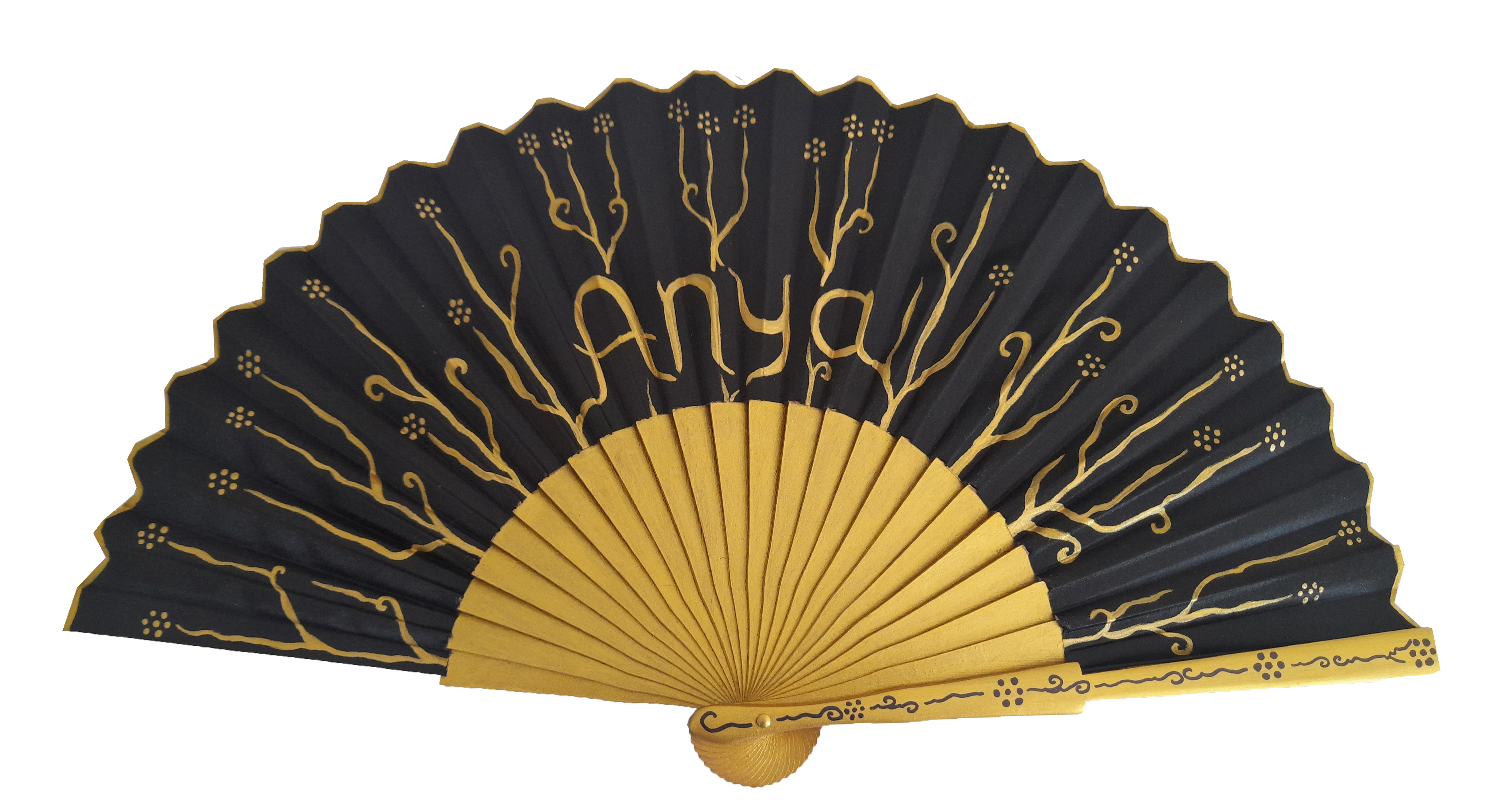 Ventilador de cetim de algodão pintado e desenhado à mão "Preto e dourado