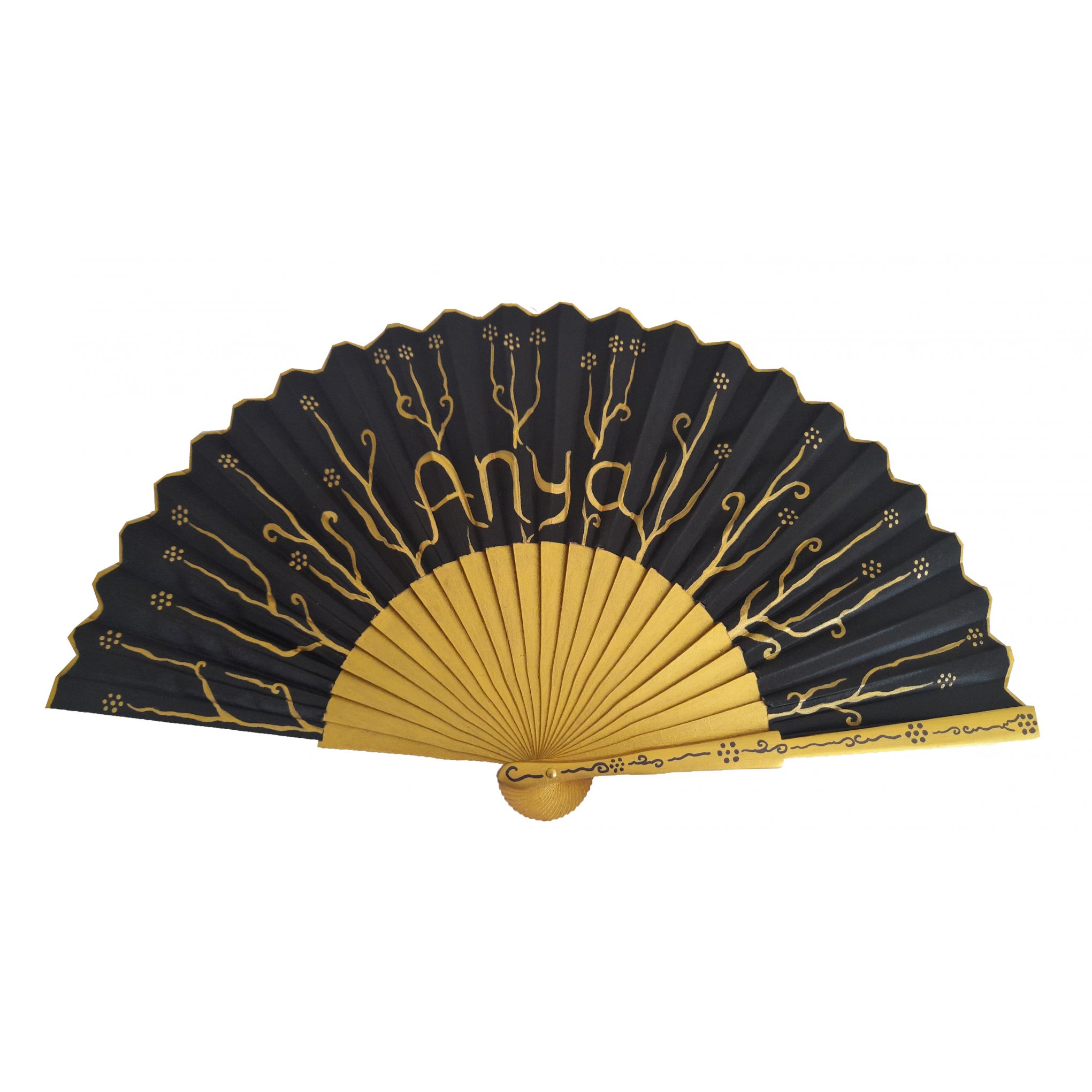 Ventilador de cetim de algodão pintado e desenhado à mão "Preto e dourado