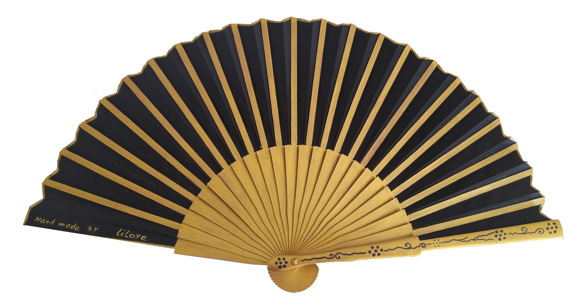 Ventilador de cetim de algodão pintado e desenhado à mão "Preto e dourado