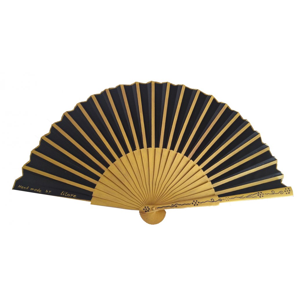 Ventilador de cetim de algodão pintado e desenhado à mão "Preto e dourado